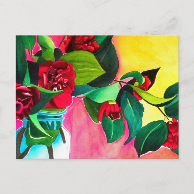 Postal Camellias rojas con verde (Anverso)