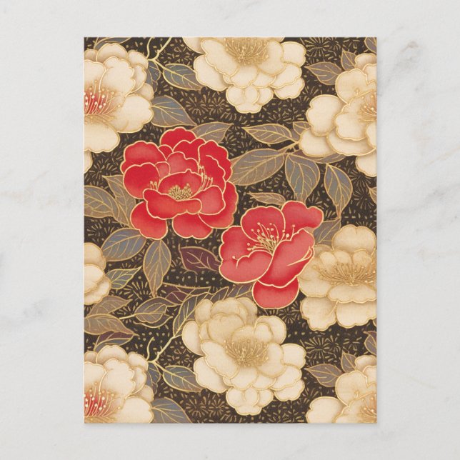 Postal Camellias rojas y blancas Chiyogami (Anverso)