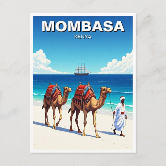 Postal Camellos en la playa en Mombasa Kenia (Anverso)