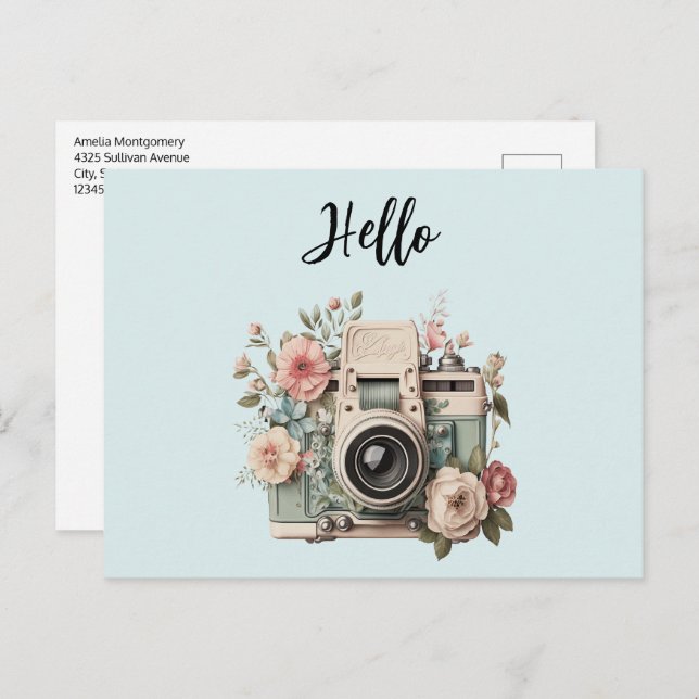 Postal Camera with Flowers Retro Pastel Hello (Anverso / Reverso)