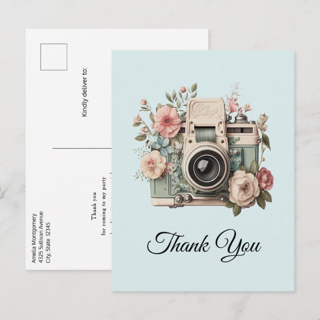 Postal Camera with Flowers Retro Pastel Image Thank You (Anverso / Reverso)