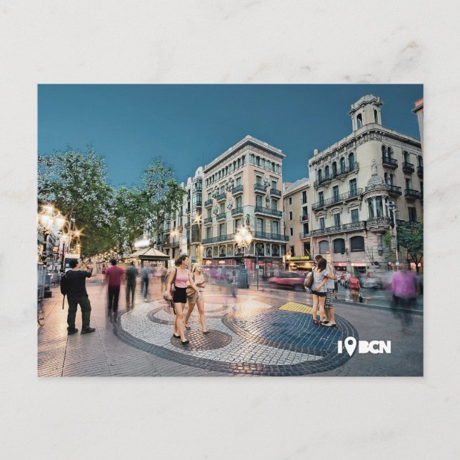 Postal Caminar y besarse en La Rambla, Barcelona, España (Anverso)