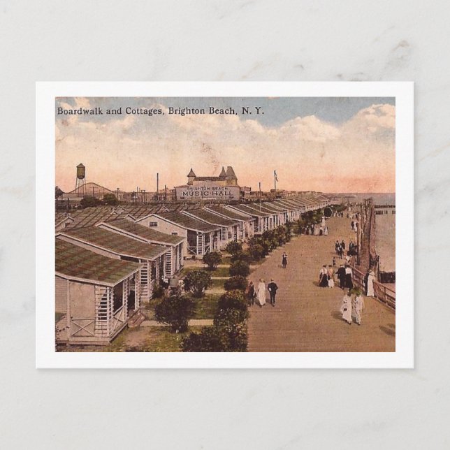 Postal Caminata en la playa y cabañas, Brighton Beach, NY (Anverso)