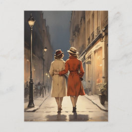 Postal Caminata nocturna acogedora para una pareja lesbia