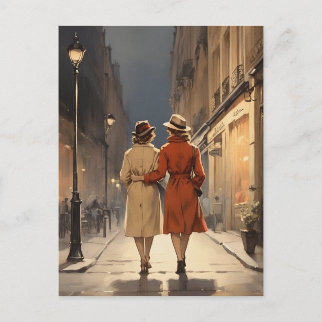 Postal Caminata nocturna acogedora para una pareja lesbia (Anverso)