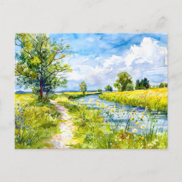 Postal Camino de campo hacia la acuarela del río Havellan