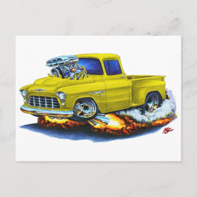 Postal Camión amarillo Chevy Stepside Pickup 1955 (Anverso)