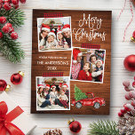 Postal Camión Cinta Cinta Cinta Cinta Fun Calligraphy Pla<br><div class="desc">Modern Fun Calligraphy Script Merry Christmas 3 Collage de fotos con tarjeta postal navideña de la cinta roja de búfalo revestido con papel de cajón. Camión Rojo Vintage de color de agua con árbol de Navidad. Madera rústica.</div>
