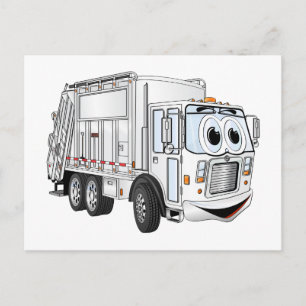 Postal Camión de basura sonriente blanco del dibujo