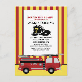 Postal Camión de bomberos rayado rojo y amarillo Cumpleañ