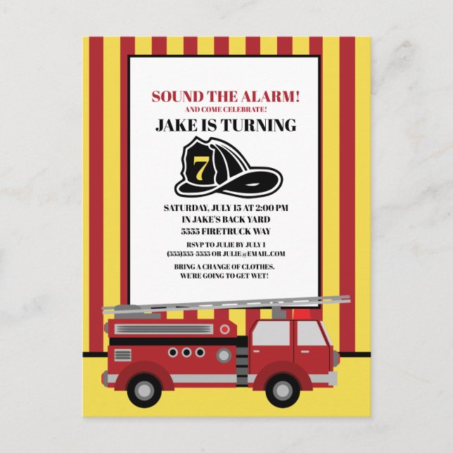 Postal Camión de bomberos rayado rojo y amarillo Cumpleañ (Anverso)