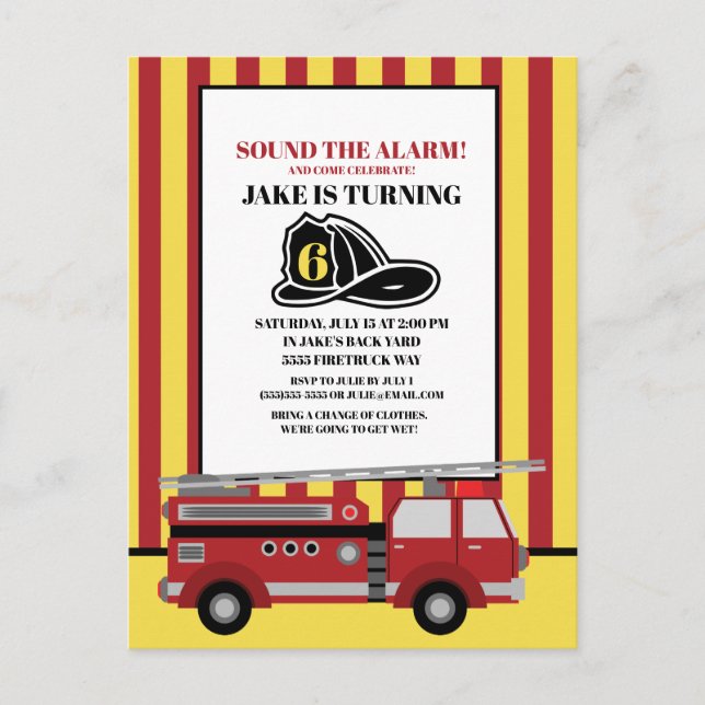 Postal Camión de bomberos rojo cumpleaños infantil 6º (Anverso)