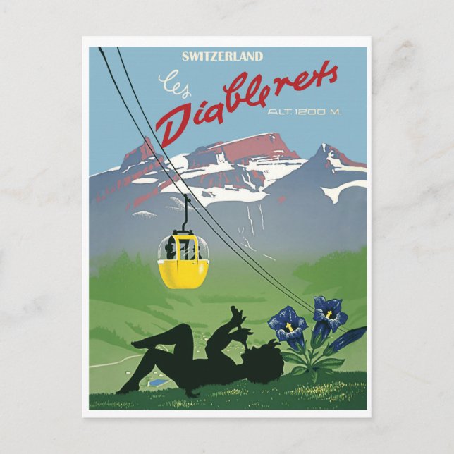 Postal Camión de cable amarillo en la montaña Diablerets, (Anverso)