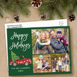 Postal Camión de escritura de pincel moderno 3 Foto vacac<br><div class="desc">Camión rojo vintage con guion de brocha moderna color de agua con árbol de Navidad - Familia Felices Fiestas 3 Foto tarjeta postal verde</div>