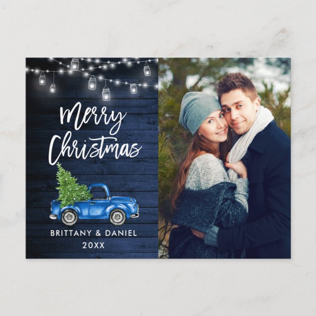 Postal Camión de guion de pincel de madera azul Navidades (Anverso)