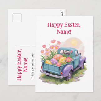 Postal Camión Retro Verde Azul y Morado con Huevos de Pas