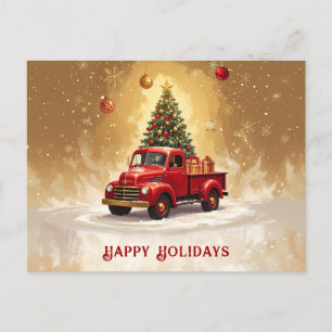 Postal Camión Rojo Antiguo con Árbol de Navidad y Regalos