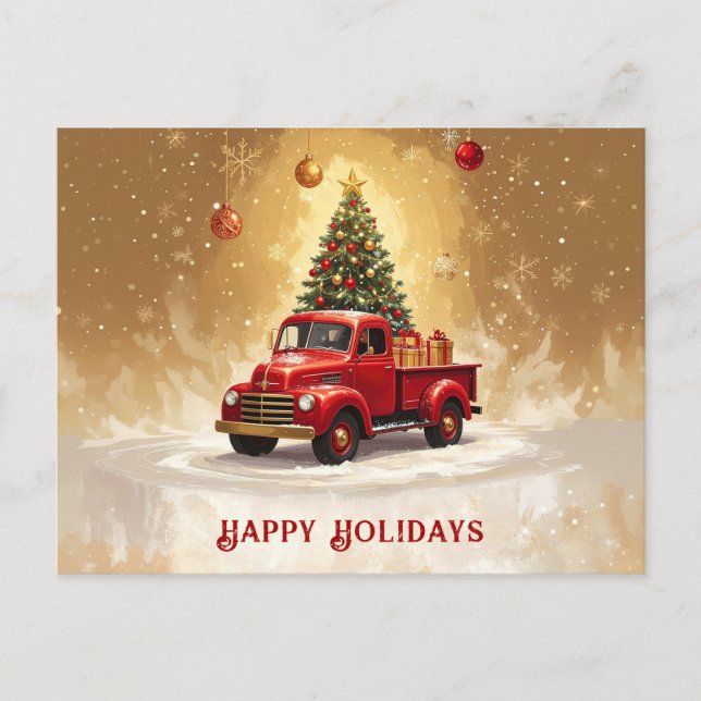 Postal Camión Rojo Antiguo con Árbol de Navidad y Regalos (Anverso)