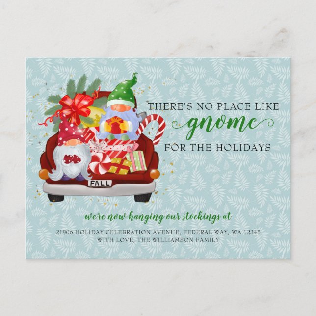 Postal Camión rojo lindo Holiday Gnome que hemos movido (Anverso)