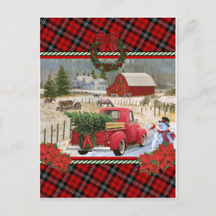 Postal Camión rojo navidad en la pintura de una granja de