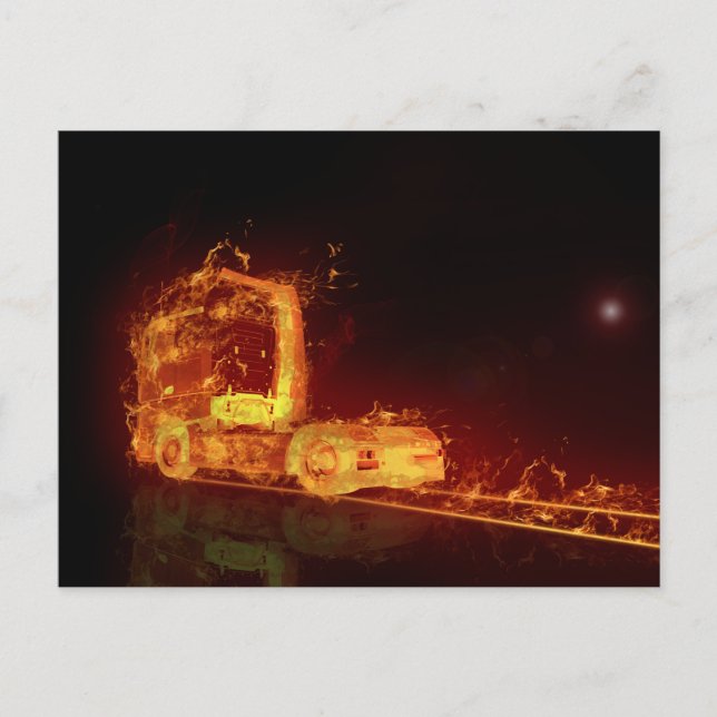 Postal Camión rojo quemándose en llamas (Anverso)