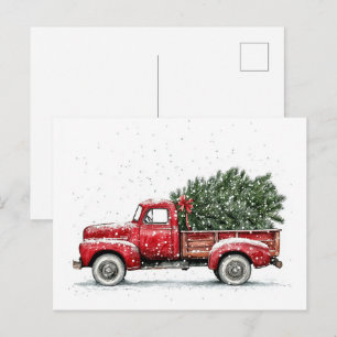 Postal Camión Rojo Vintage Acuarela Navidad 