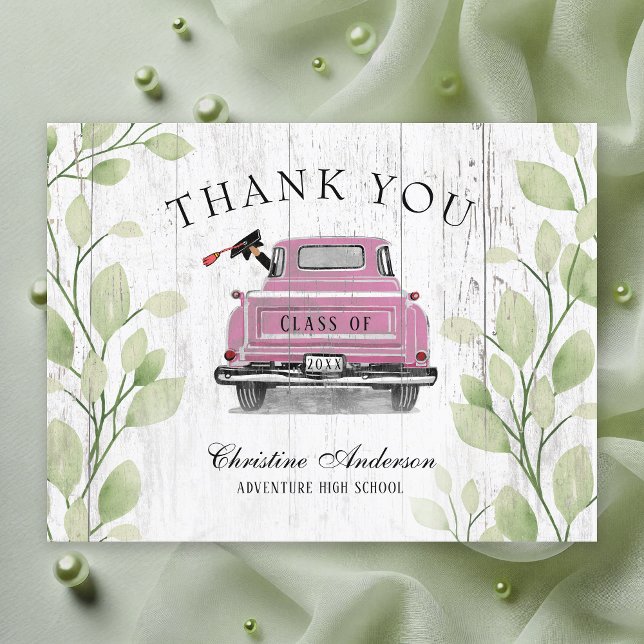 Postal Camión Rosa Vintage Rústico Agradecimiento de Grad (Retro Vintage Pink Truck with Greenery Rustic Graduation Thank You)