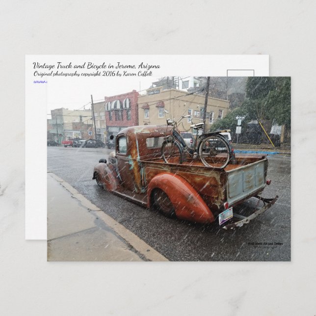 Postal Camión vintage con bicicleta / Jerome, Arizona (Anverso / Reverso)