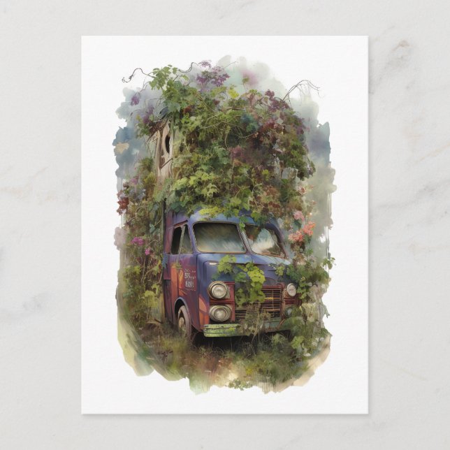 Postal Camión vintage con flores (Anverso)