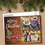 Postal Camión vintage con guión de pincel 2 Navidades de<br><div class="desc">Camión Rojo Vintage de color de agua con guijarros modernos con árbol de Navidad - Familia Feliz Navidad 2 Postal - Madera rústica de campo</div>