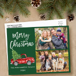Postal Camión vintage con guión de pincel 2 Navidades de<br><div class="desc">Camión Rojo Vintage de color de agua con guijarros modernos con árbol de Navidad - Familia Feliz Navidad 2 Foto Tarjeta Postal Verde</div>