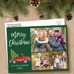 Postal Camión vintage con guión de pincel 3 Navidades de<br><div class="desc">Moderno Cepillo Verde Guión acuarela Vintage Camión Rojo con Árbol de Navidad - Feliz Navidad Familia 3 Foto Tarjeta Postal Verde</div>