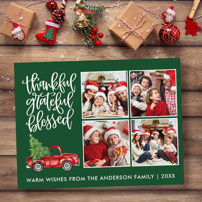 Postal Camioneta Agradecida Bendecida 4 Fotos Verde (Customize to change your personalized text size or text style.)