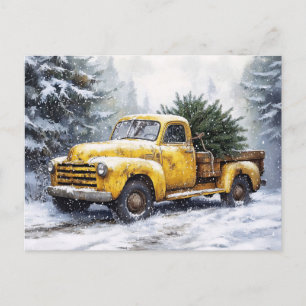 Postal Camioneta Amarilla Vintage de Navidad