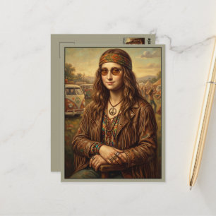 Postal Camioneta Hippie de la Mona Lisa genial