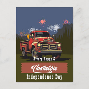 Postal Camioneta Roja Vintage Saludos 4 de Julio