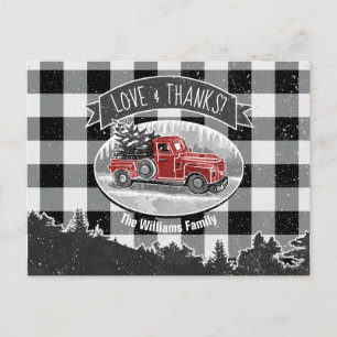 Postal Camioneta Vintage Monograma Navideño en Blanco y N