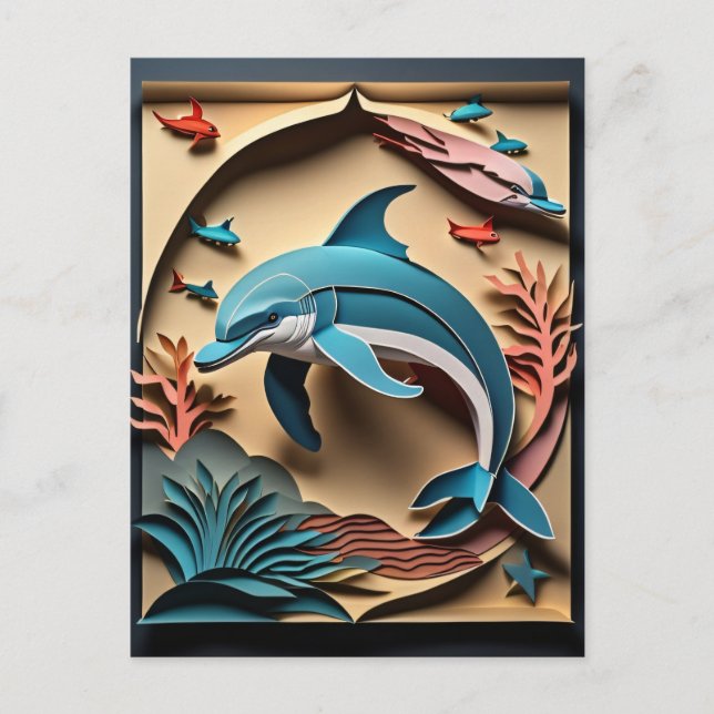 Postal Camiseta de diseño delfines de papel 3D (Anverso)