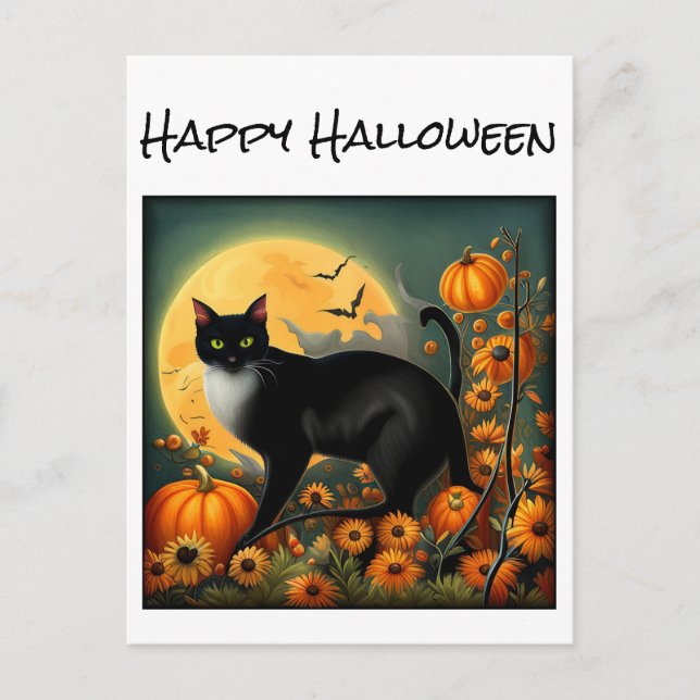Postal Camiseta de gato nocturno de Halloween (Anverso)