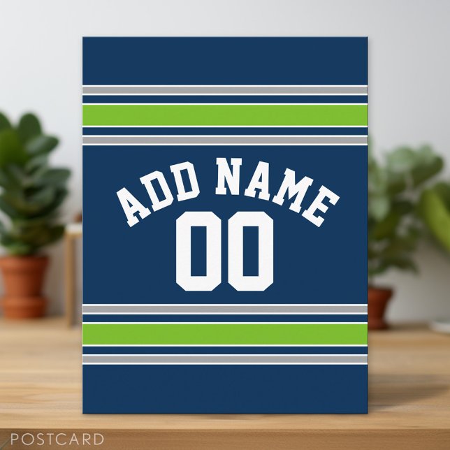 Postal Camiseta deportiva azul y verde con nombre y númer (Custom Postcard)