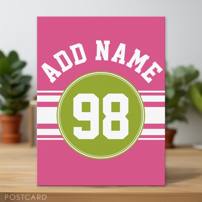 Postal Camiseta deportiva rosa y lima con nombre y número (Custom Postcard)