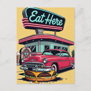 Postal Camiseta Retro Diner Eat Here Classic Car Burger