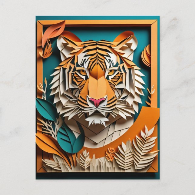 Postal Camiseta Tiger 3D de diseño de arte de papel (Anverso)
