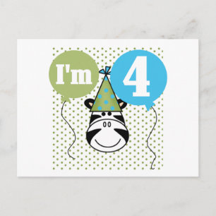 Postal Camisetas y regalos de cuarto cumpleaños de cebra