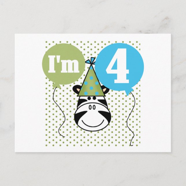 Postal Camisetas y regalos de cuarto cumpleaños de cebra (Anverso)