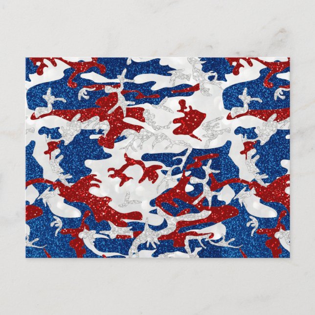 Postal Camo rojo, blanco y azul 4 de julio Purpurina (Anverso)