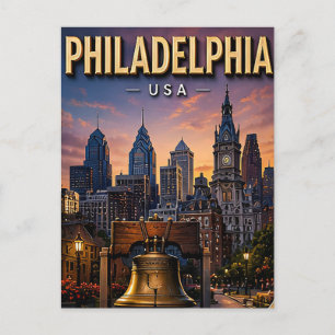 Postal Campana de la Libertad y horizonte de Filadelfia