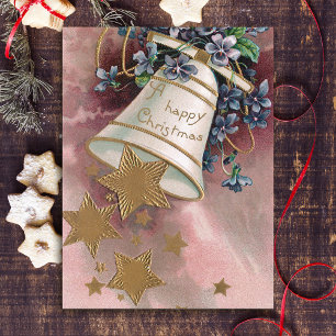 Postal Campana de Navidad vintage, estrellas y nomeolvide