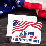 Postal Campaña electoral 2024 de personalizado<br><div class="desc">Postales de campaña política personalizable con la bandera estadounidense encima de tu texto en rojo,  blanco y azul. Añada su elección para presidente u otro cargo político en las elecciones de 2024. Texto personalizado negrita.</div>