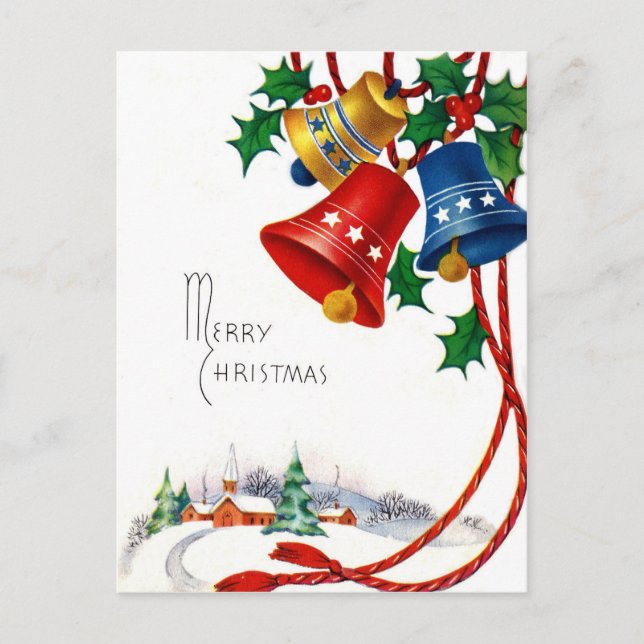 Postal campanas de navidades y iglesia del pueblo en la v (Anverso)